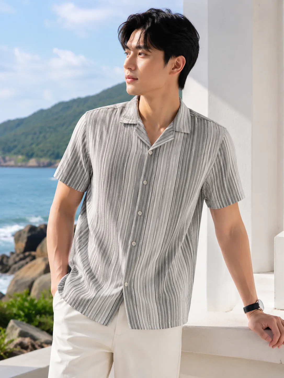 Sơ Mi Tay Ngắn Minimalist Grey Stripe Lâm Sơn