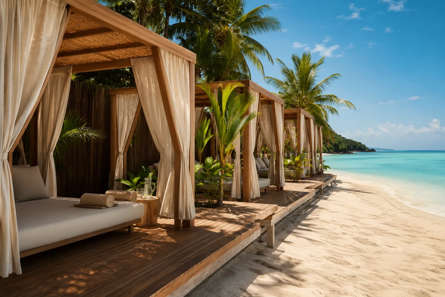 Dãy chòi đón nắng hoang sơ bờ biển mượt bóng mịn