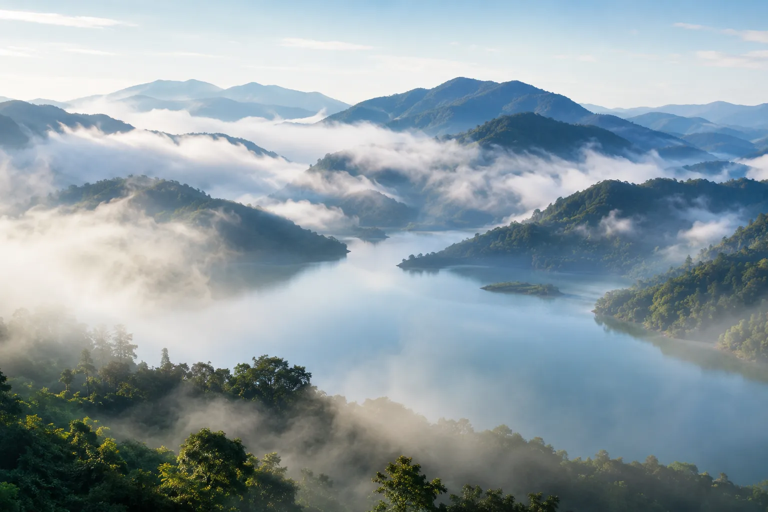 Cảnh sắc mây mờ quanh núi hồ thung lũng Lâm Sơn