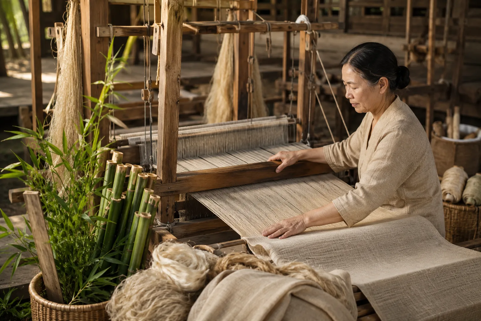 Dòng dệt thủ công sợi lanh và tre tự nhiên Lâm Sơn