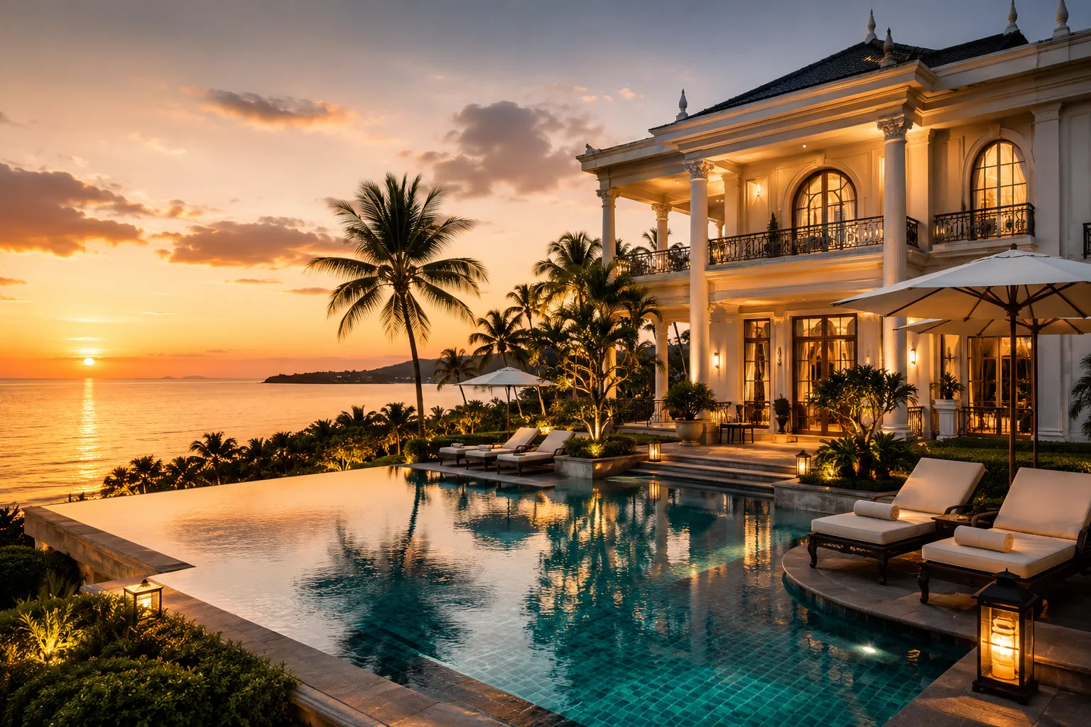 Biệt thự Hoàng gia của 9999 Resorts lúc hoàng hôn vàng chạng vạng