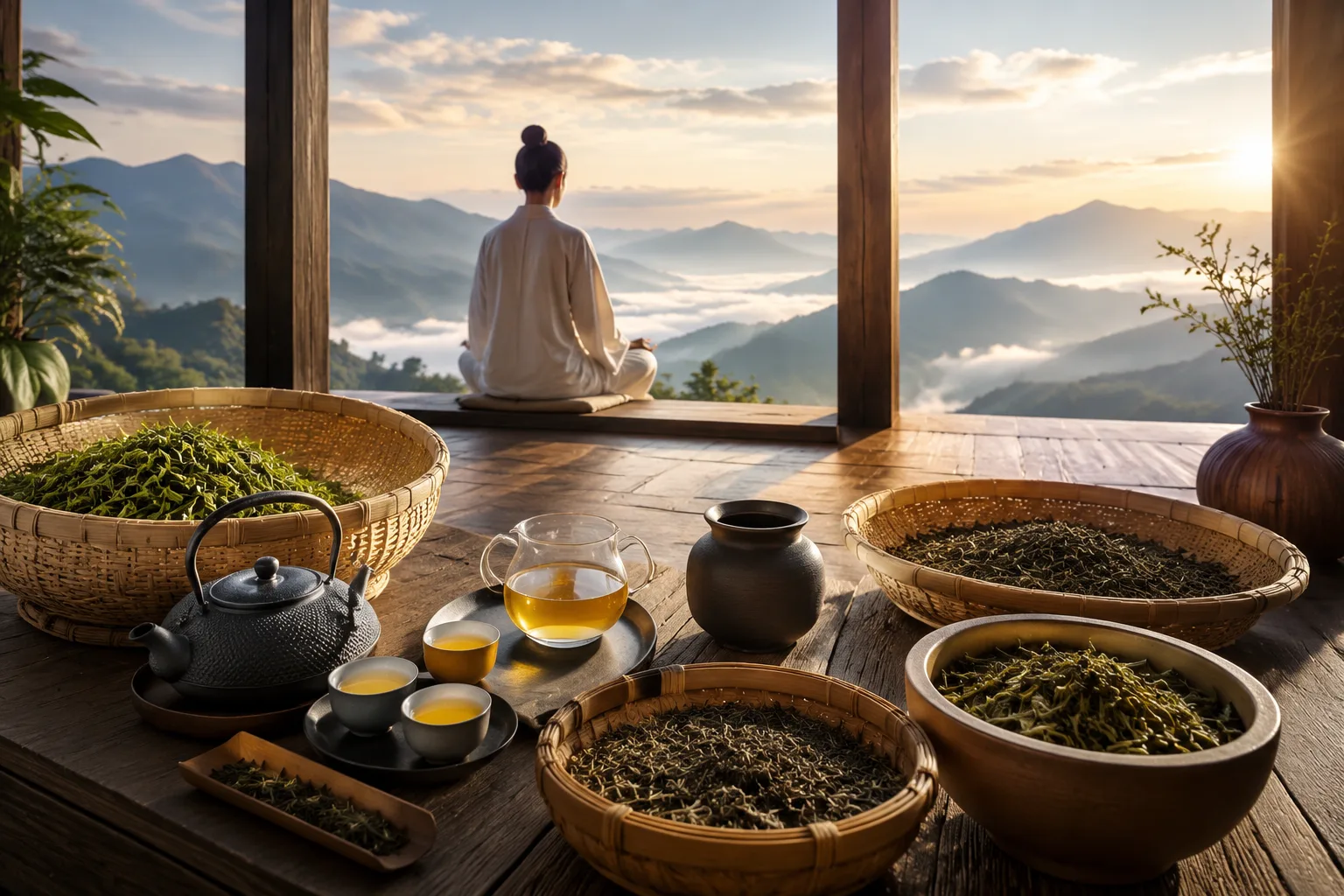 Chi tiết rổ pha tách sấy ấm bã chè khô thanh trà lãng lôi thơm đậm vùng cao Tây Bắc mộng mơ ở sảnh nghỉ thiền tĩnh
