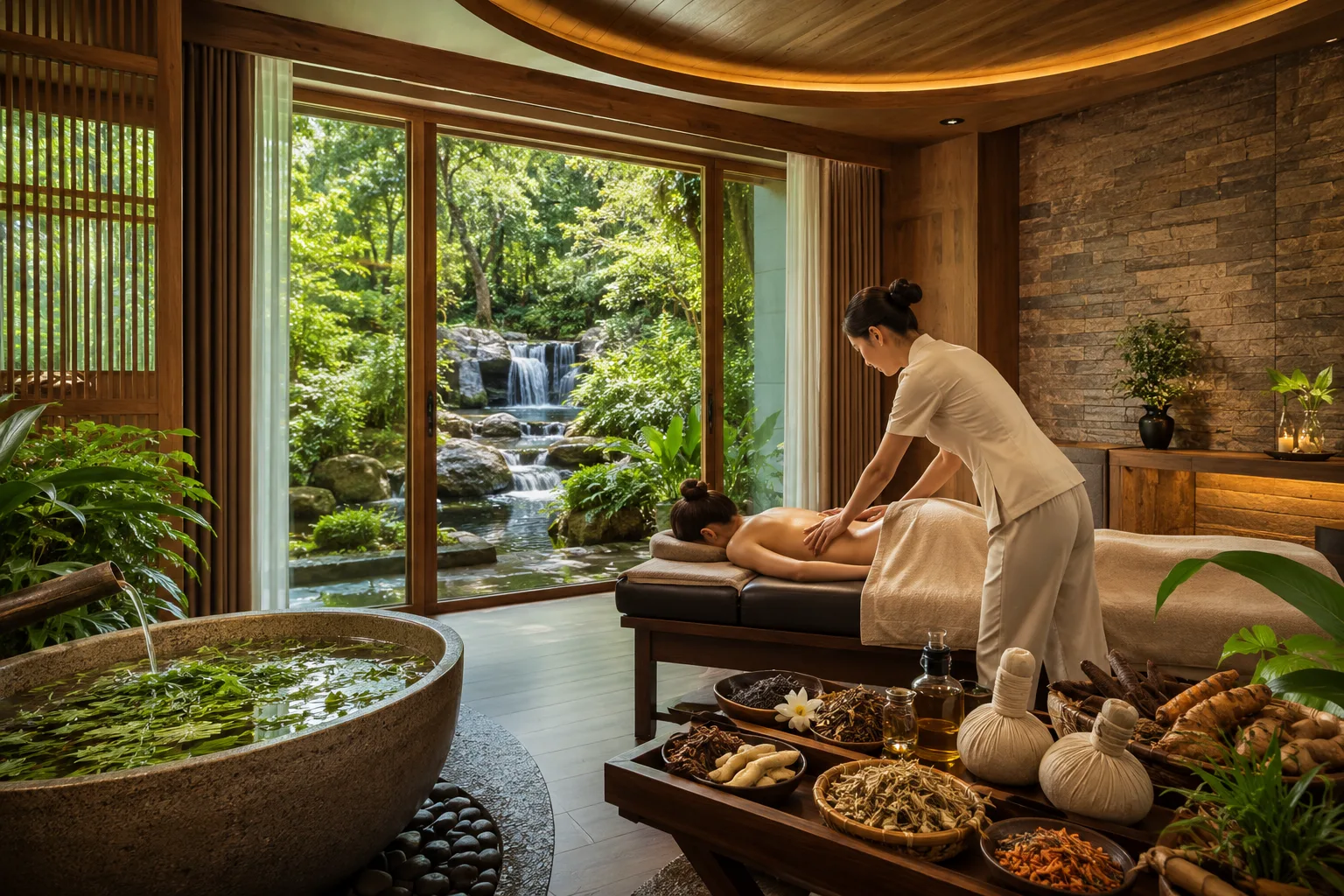 Liệu pháp tắm thảo dược suối chảy khoáng sâu trong mát