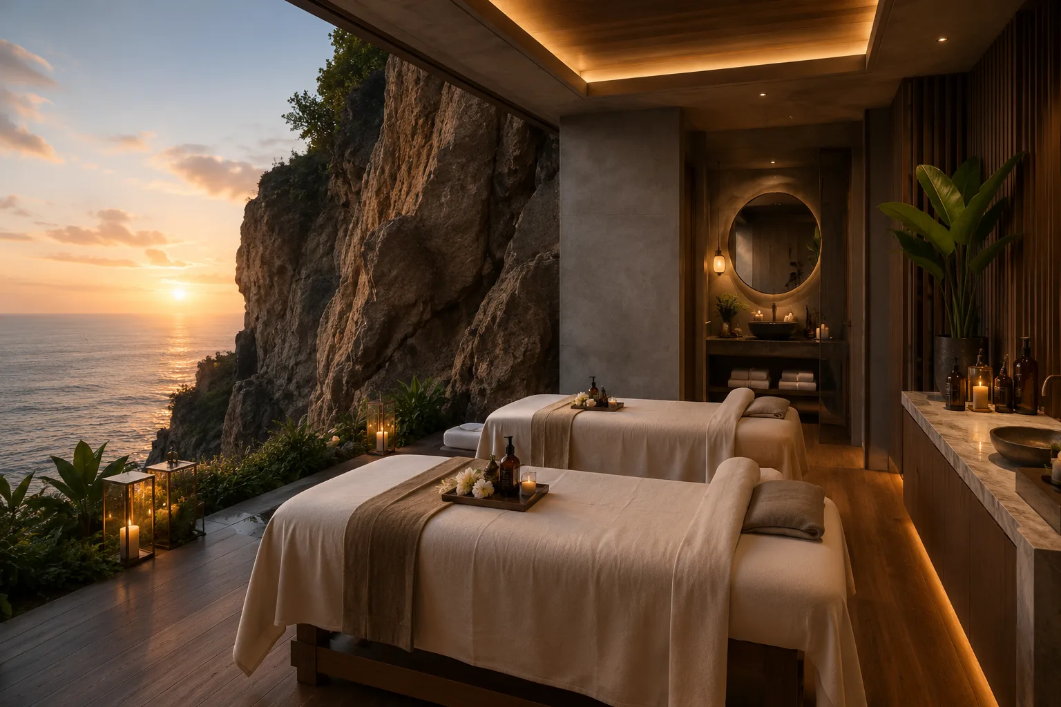 Căn phòng trị liệu thanh bình nằm nép bên vách đá tự nhiên trong resort 5 sao
