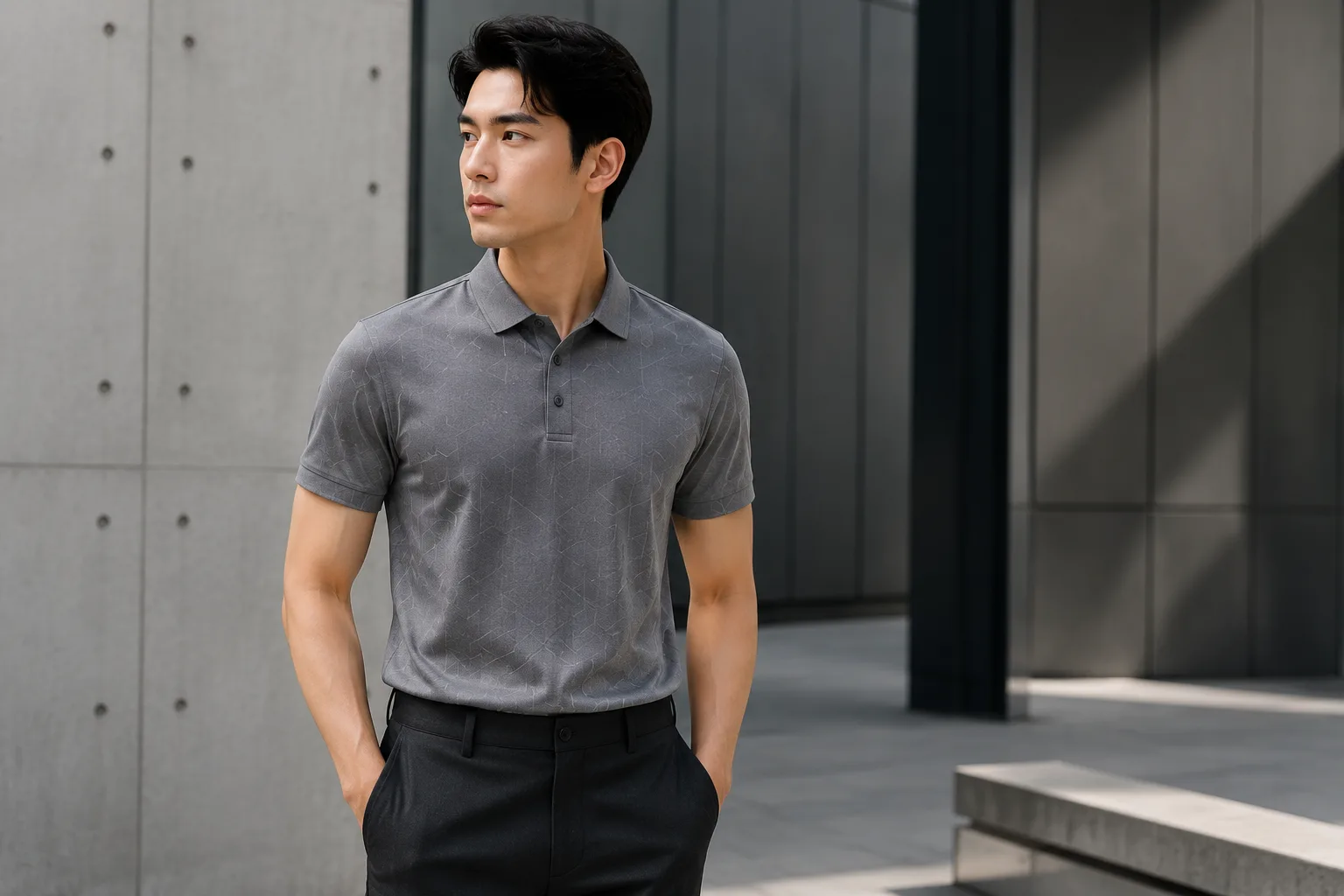 Áo Polo Nam Urban Grey Thiết Kế Geometric 2026