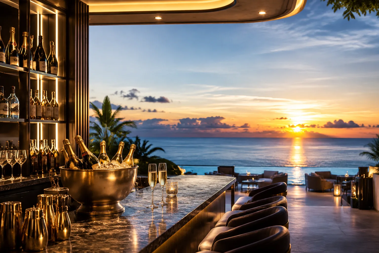 Không gian quầy bar rượu thượng vị hướng trực tiếp về ranh giới giao nhau giữa biển xanh trời thơ mộng
