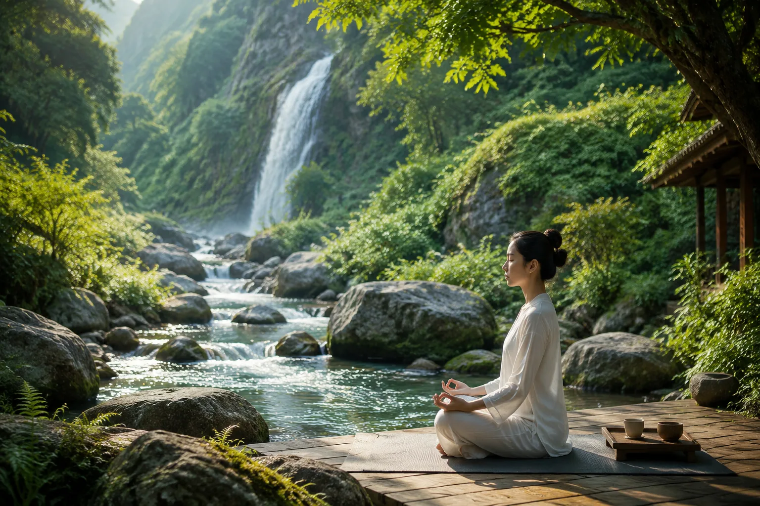 Buổi thiền định giữa thung lũng suối chảy róc rách